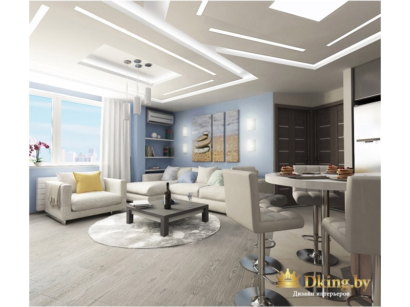 гостиная-столовая: серый пол и стены, светло-серый диван расположен возле голубой стены, по центру - контрастный журнальный столик