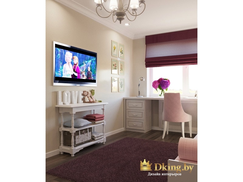 детская для девочки: рабочий стул нежно-розового цвета, телевизор на стене и оригинальная белая консоль под телевизором