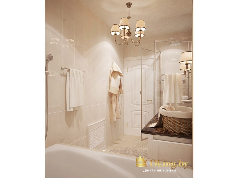 бежевые стены в ванной, белая дверь и классические светильники