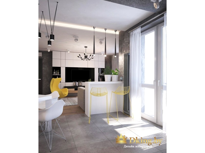 вид на гостиную зону из кухни: барная стойка с желтыми пластиковыми барными стульями, белая система для хранения возле телевизора