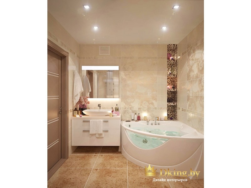 ванная: угловая гидромассажная ванна, накладной умывальник, зеркало с подсветкой