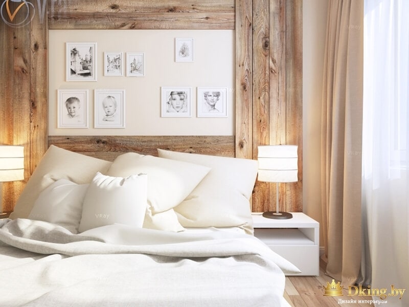 Деревянная спальня с гравюрами на стене