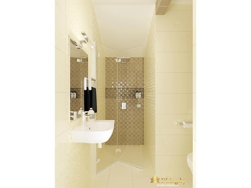 ванная: подвесной умывальник, стационарная душевая кабинка, плитка бежевая на полу и на стенах