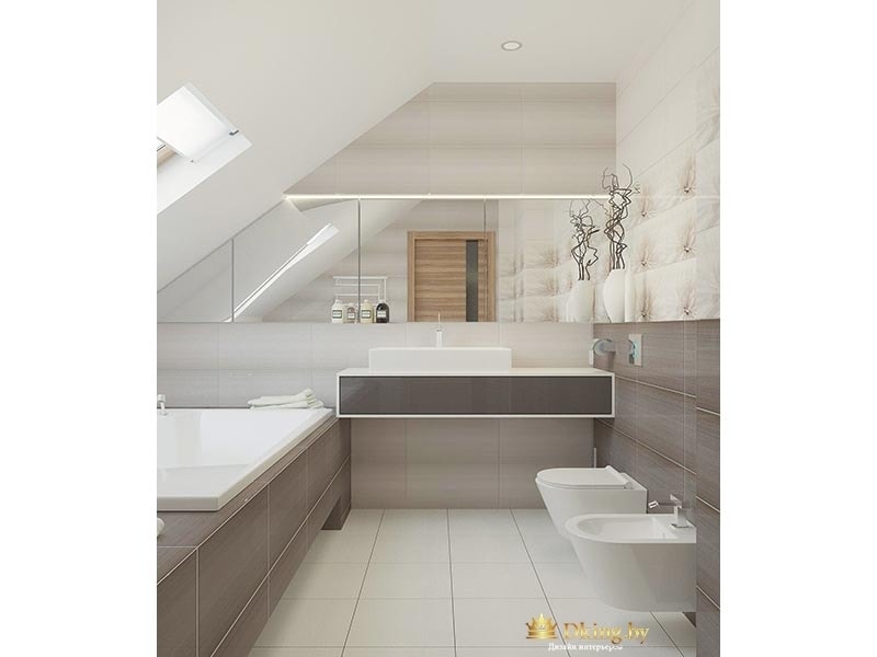 ванна на втором этаже: экран для ванны из серой плитки, светлый пол, стены выложены серой плиткой, с цветоным принтом и белоый