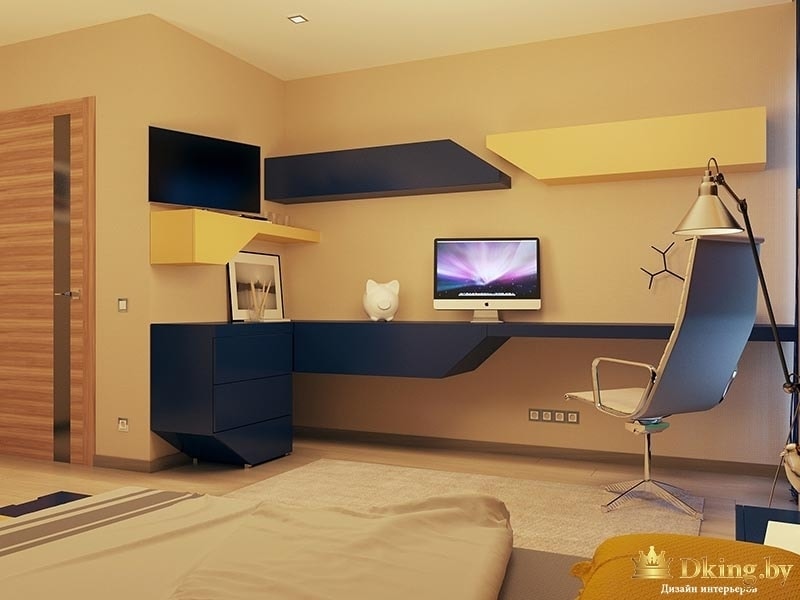 детская комнатна: бежевый фон стен и пола и акцентная сине-желтая мебель оригинальной геометрии