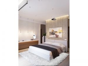 Светлая спальня с деревянной стенкой