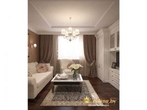 светлая мягкая и корпусная мебель на фоне темного пола в классической гостиной. Шторы цвета какао