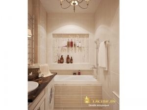 вид на ванну: ниша в стене для хранения душевых принадлежностей, экран ванны выложен плиткой в узкую полоску бежевого цвета
