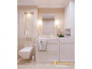 ванная в классическом стиле: бежевая плитка, акцентная плитка с классическим узором, классическая раскладка. Подвесной современный унитаз, встроенная стиральная машина