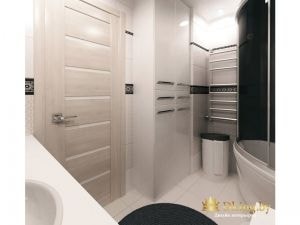 белая ванная комната: пол и стены белые, черный коврик и душевая кабина с черными дверями