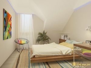 спальня: кровать на подиуме подвесная, на стене акцентная цветная абстракция. стены белые