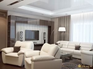 белые мягкие кожаные кресла, белый кожаный диван-трансформер. модульная система коричневого цвета возле телевизора, белый торшер